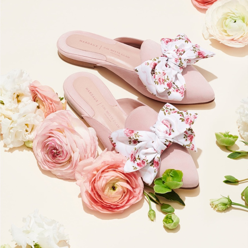 Gal Meets Glam x Margaux blush pink suede mules